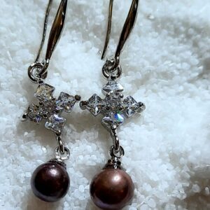 925 silver hook back crystal cross chocolate pearl earrings