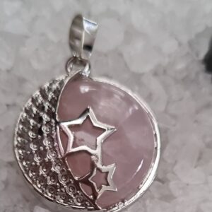 rose quartz moon and stars stone pendant