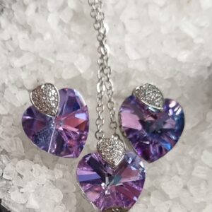 violet and blue gem pendant and earing love heart set pendant