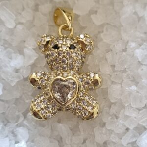 gold clear gem heart bear pendant