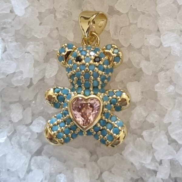 gold blue and pink gem bear pendant